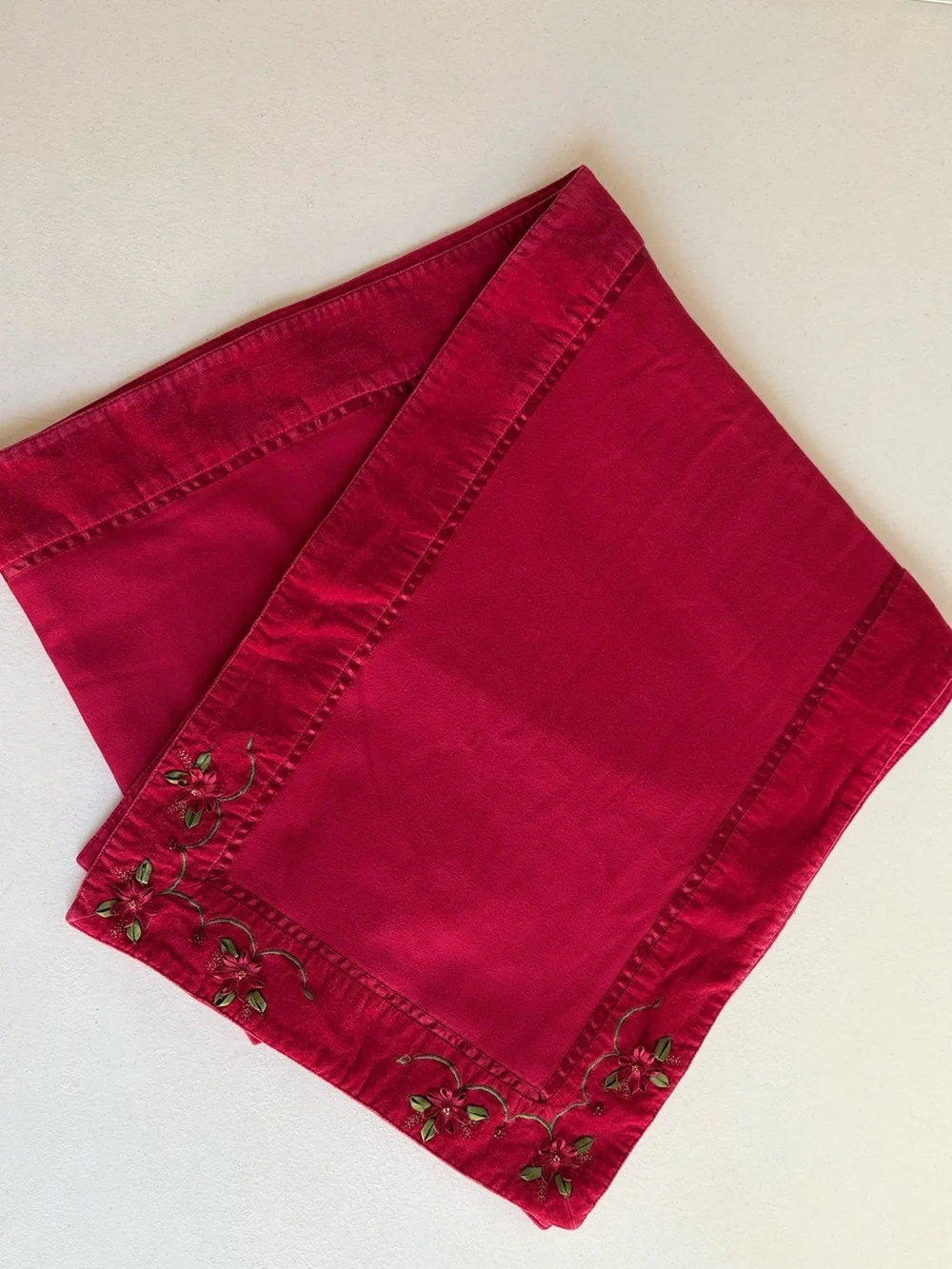 Vintage Red Table Runner Christmas Poinsettia Embroidered & Beaded 13” x 66”